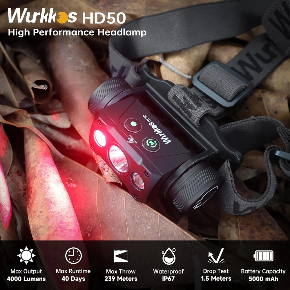 Wurkkos LED galvos žibintas, 4000 lm, įkraunamas, IP67, magnetinis, HD50