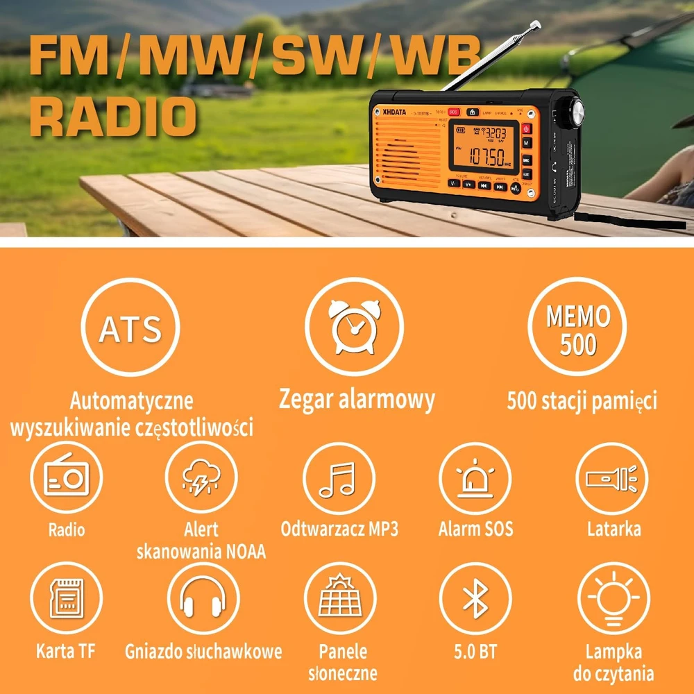 XHDATA nešiojamas radijas FM/AM/SW/WB, saulės įkrovimas, 3000 mAh akumuliatorius, Bluetooth, D-608WB