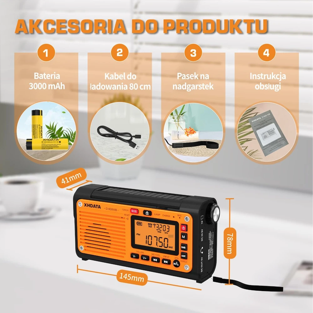 XHDATA nešiojamas radijas FM/AM/SW/WB, saulės įkrovimas, 3000 mAh akumuliatorius, Bluetooth, D-608WB