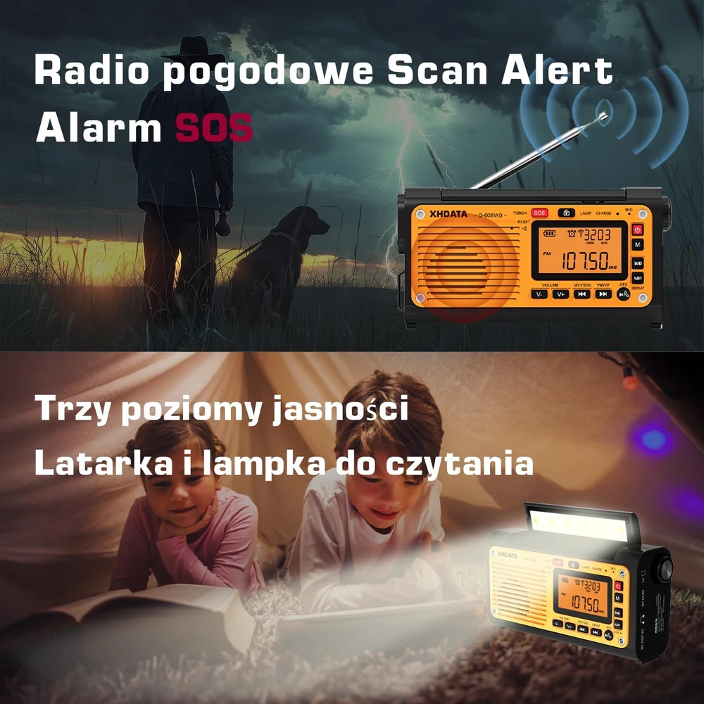XHDATA nešiojamas radijas FM/AM/SW/WB, saulės įkrovimas, 3000 mAh akumuliatorius, Bluetooth, D-608WB