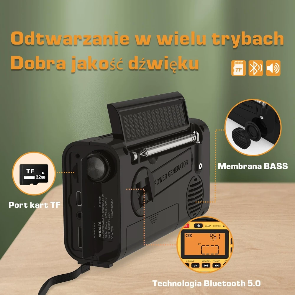 XHDATA nešiojamas radijas FM/AM/SW/WB, saulės įkrovimas, 3000 mAh akumuliatorius, Bluetooth, D-608WB