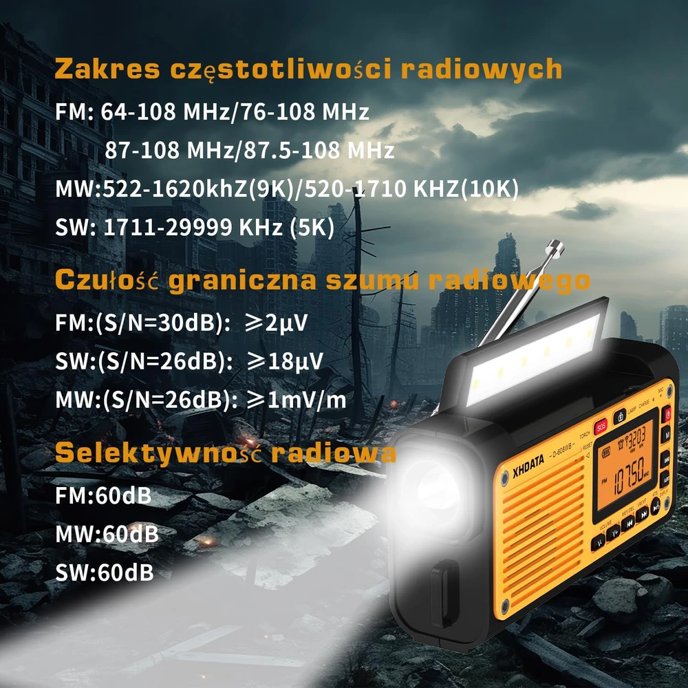 XHDATA nešiojamas radijas FM/AM/SW/WB, saulės įkrovimas, 3000 mAh akumuliatorius, Bluetooth, D-608WB