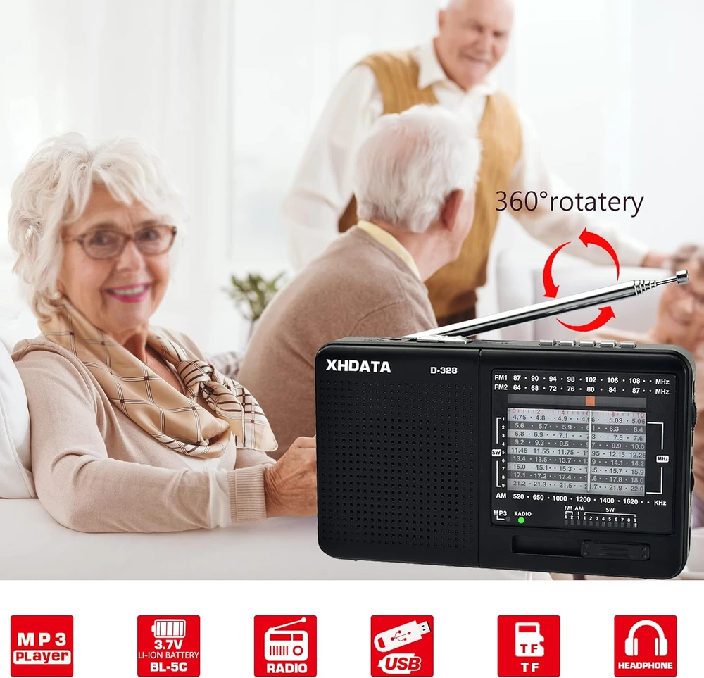 XHDATA nešiojamas radijas MP3 grotuvas su TF kortelės palaikymu ir FM/AM imtuvu D-328