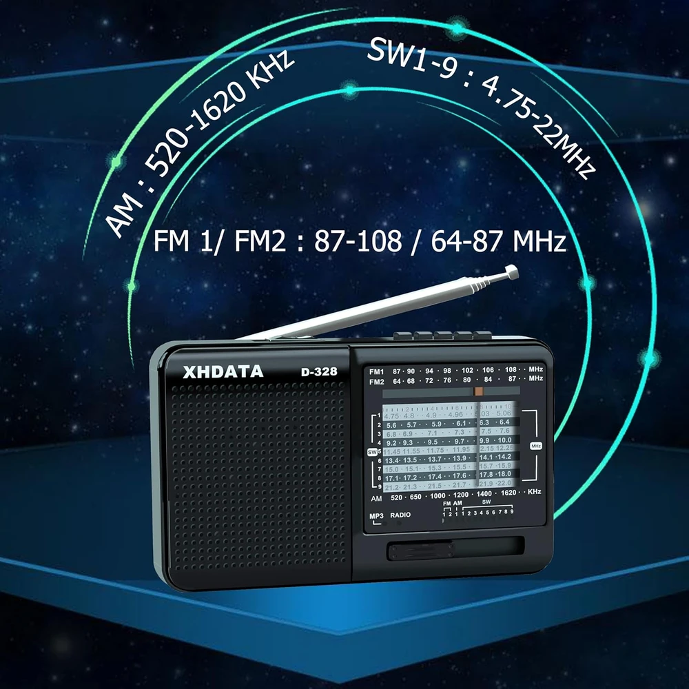 XHDATA nešiojamas radijas MP3 grotuvas su TF kortelės palaikymu ir FM/AM imtuvu D-328
