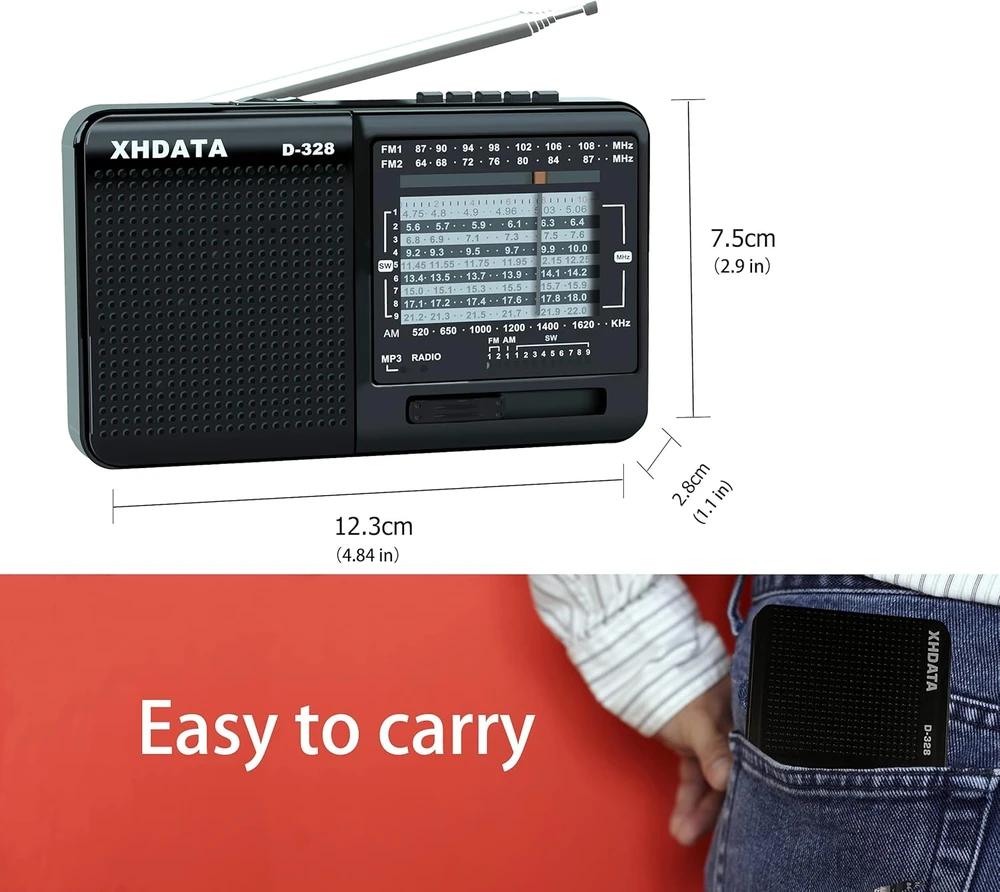 XHDATA nešiojamas radijas MP3 grotuvas su TF kortelės palaikymu ir FM/AM imtuvu D-328