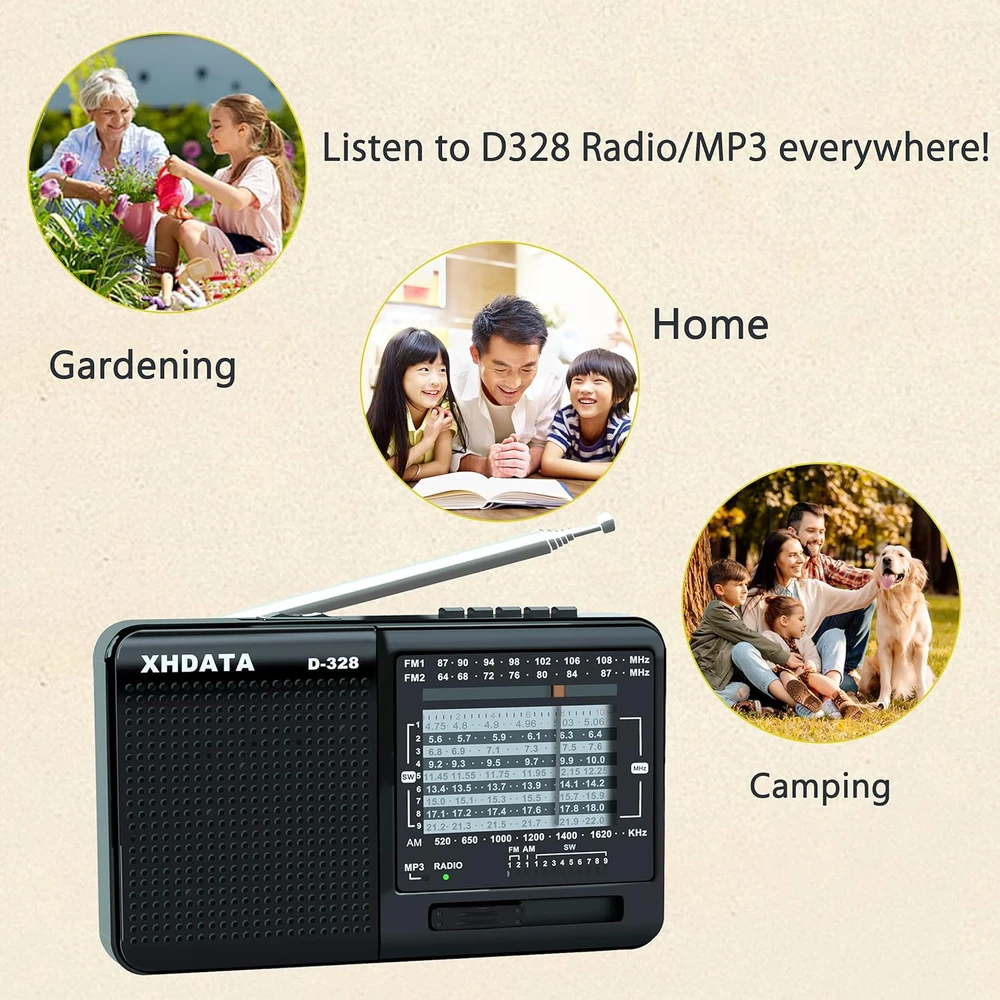 XHDATA nešiojamas radijas MP3 grotuvas su TF kortelės palaikymu ir FM/AM imtuvu D-328