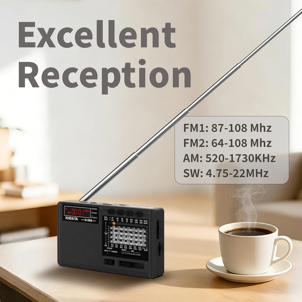 XHDATA nešiojamas radijas su FM/AM/SW, Bluetooth, USB, TF, juodas, D368