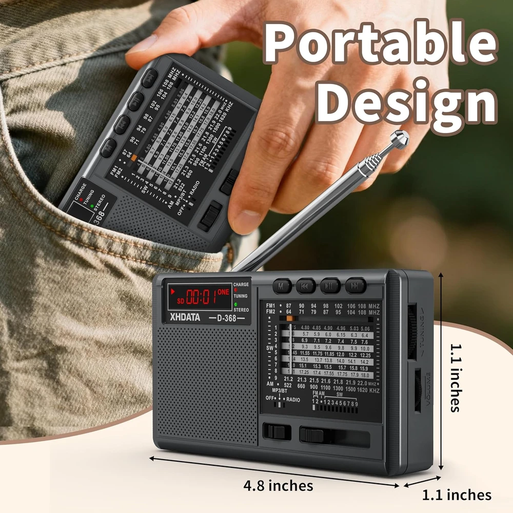 XHDATA nešiojamas radijas su FM/AM/SW, Bluetooth, USB, TF, juodas, D368