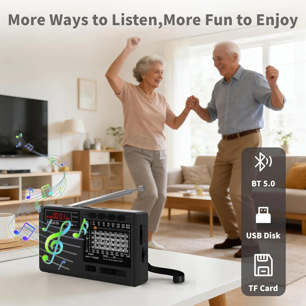 XHDATA nešiojamas radijas su FM/AM/SW, Bluetooth, USB, TF, juodas, D368