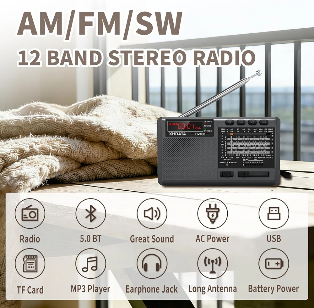 XHDATA nešiojamas radijas su FM/AM/SW, Bluetooth, USB, TF, juodas, D368