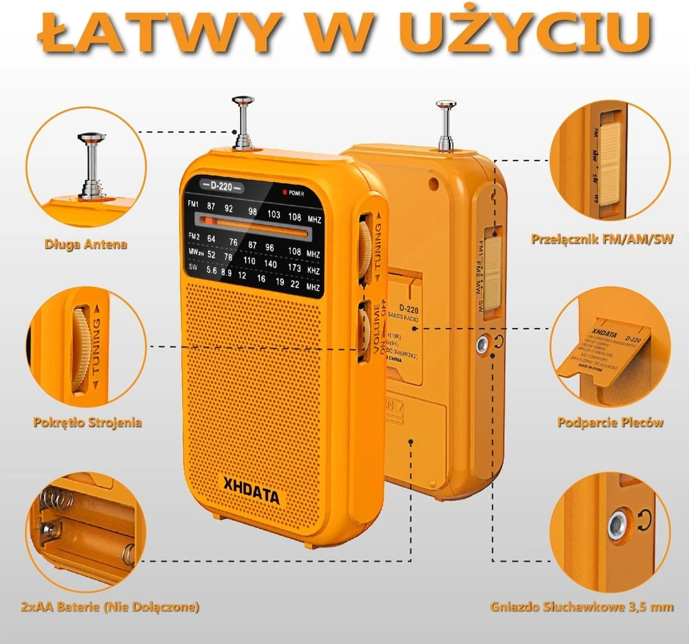 XHDATA nešiojamas retro stiliaus radijo imtuvas FM/MW/SW, baterinis, ausinių įėjimas, D220