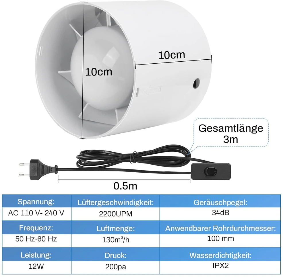 Xiiw Kanalinis ventiliatorius, 100 mm skersmens, 130 m³/h, su 3 m laidu ir jungikliu, tylus veikimas