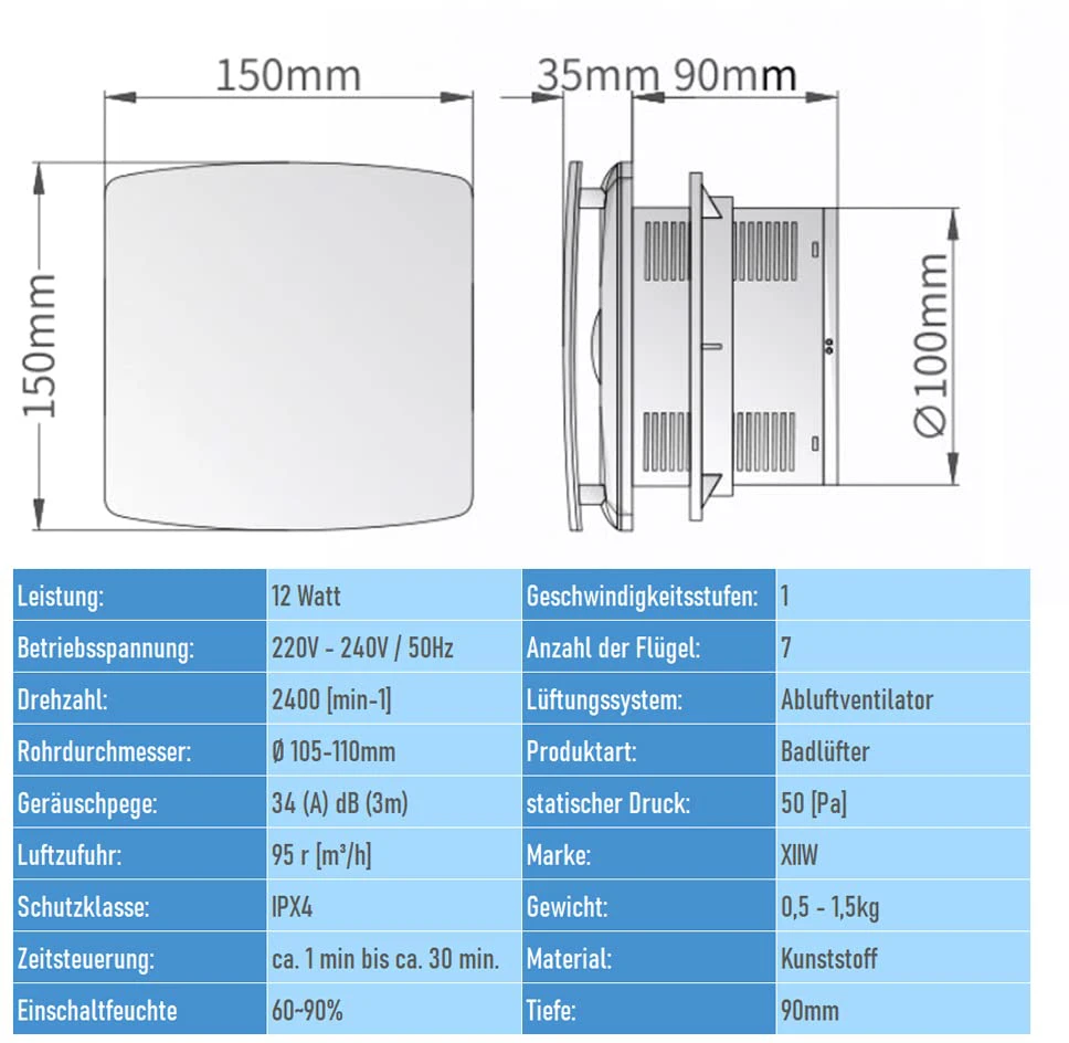 XIIW tyliai veikiantis vonios ventiliatorius su laikmačiu, atbuliniu vožtuvu, 100 mm, 12 W, 34 dB