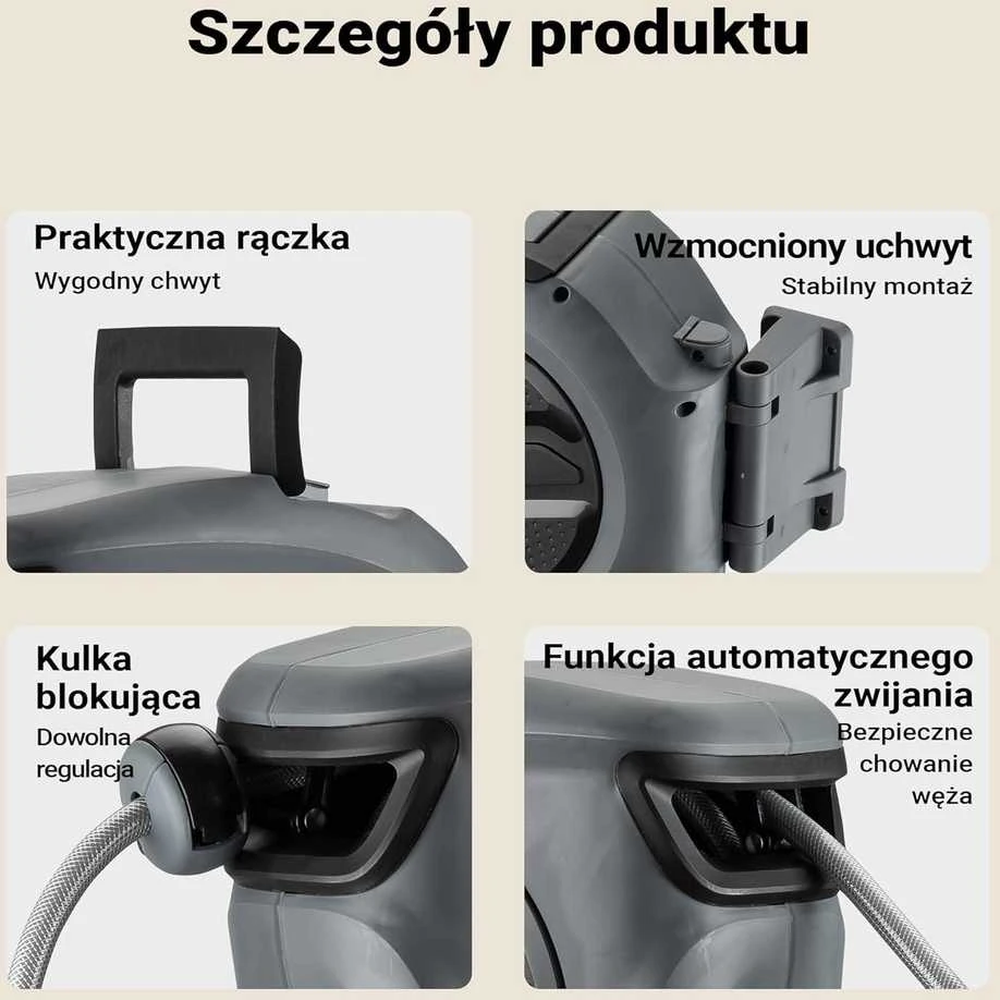 XPOtool automatinis sieninis žarnos ritinys su 15 m PVC žarna, 180° pasukamas laikiklis