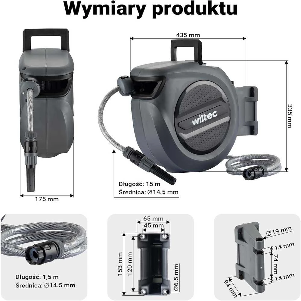 XPOtool automatinis sieninis žarnos ritinys su 15 m PVC žarna, 180° pasukamas laikiklis
