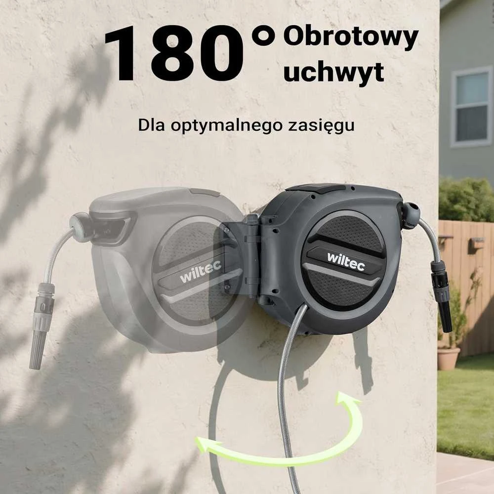 XPOtool automatinis sieninis žarnos ritinys su 15 m PVC žarna, 180° pasukamas laikiklis