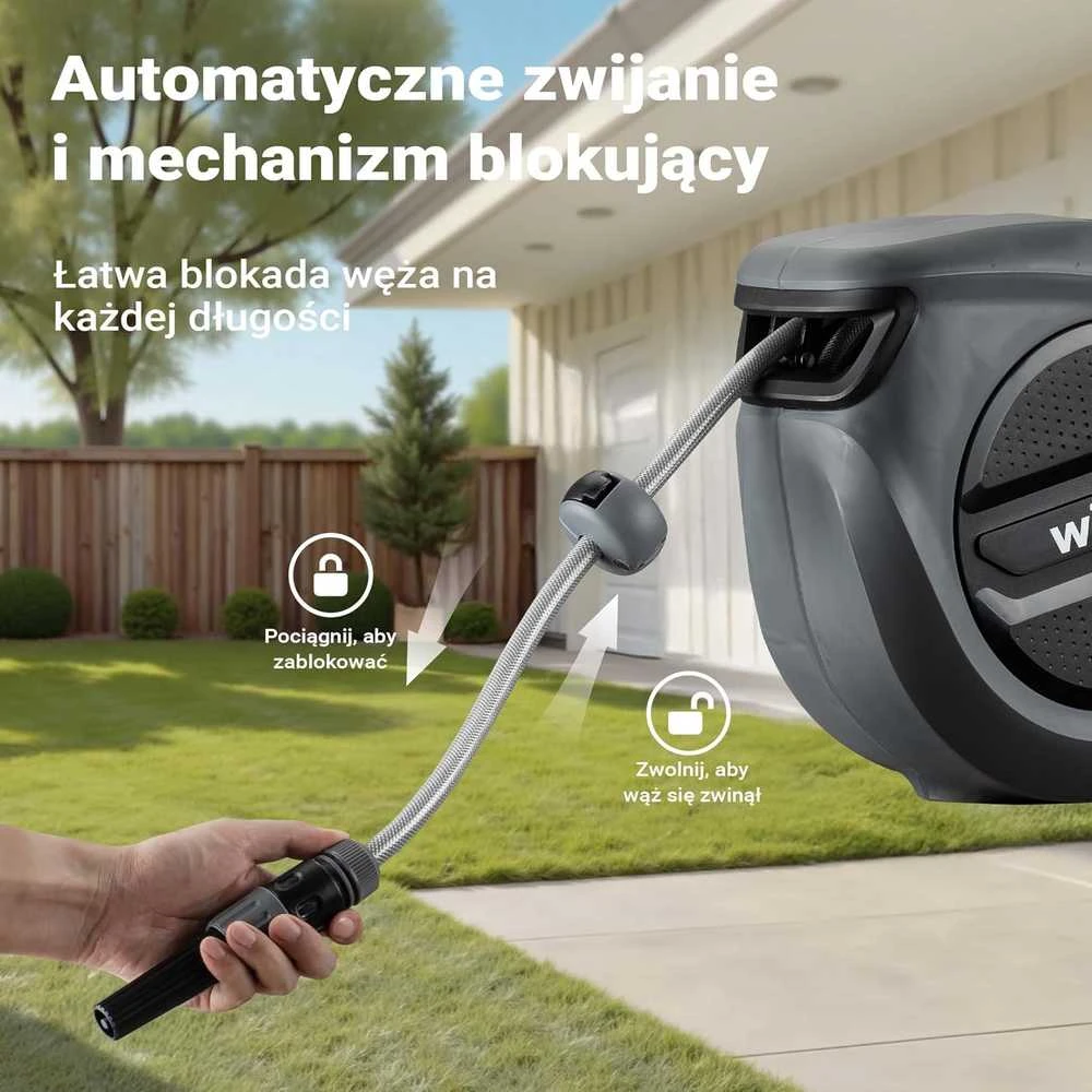 XPOtool automatinis sieninis žarnos ritinys su 15 m PVC žarna, 180° pasukamas laikiklis