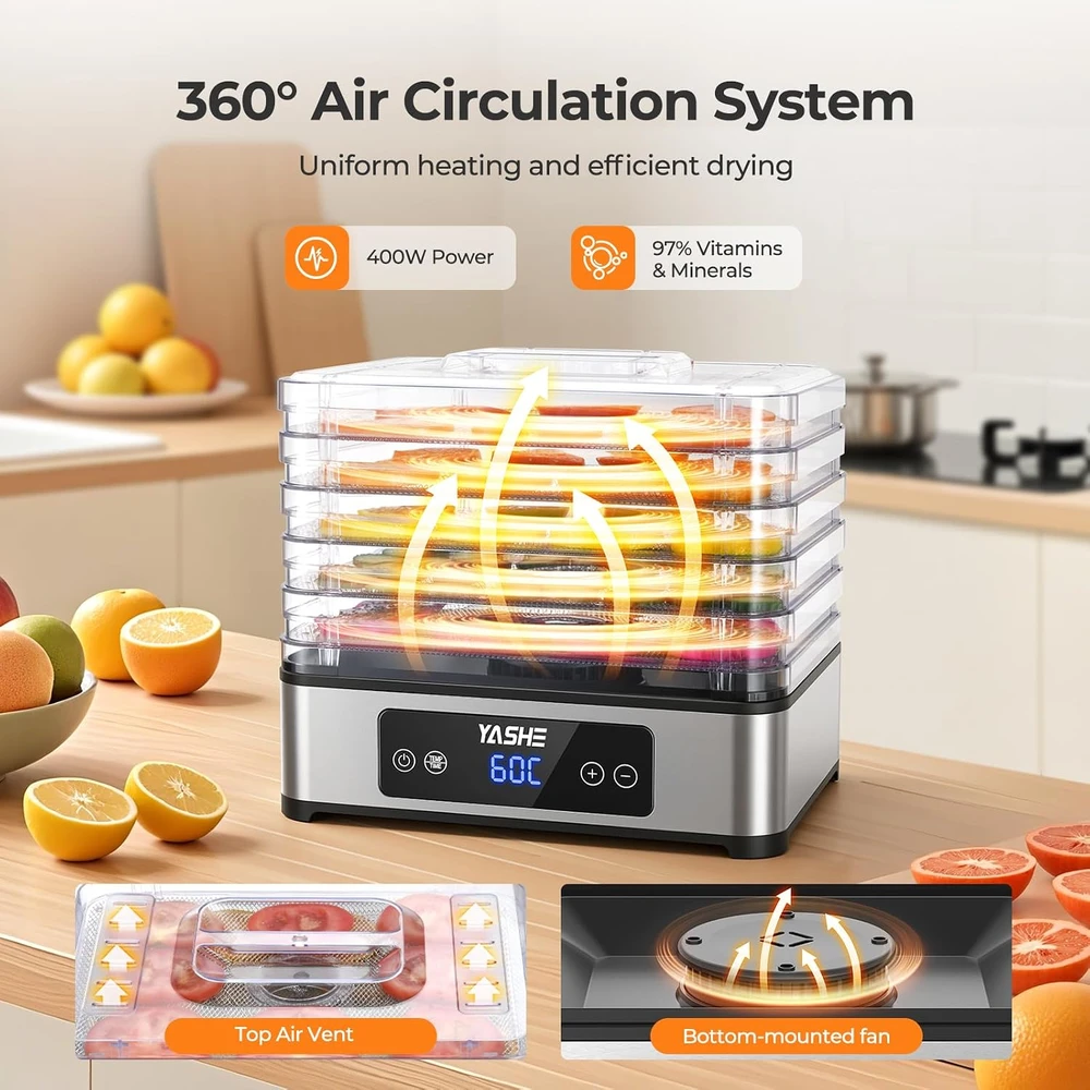 YASHE maisto džiovyklė su 5 nerūdijančiojo plieno padėklais, 400 W, FD-1019