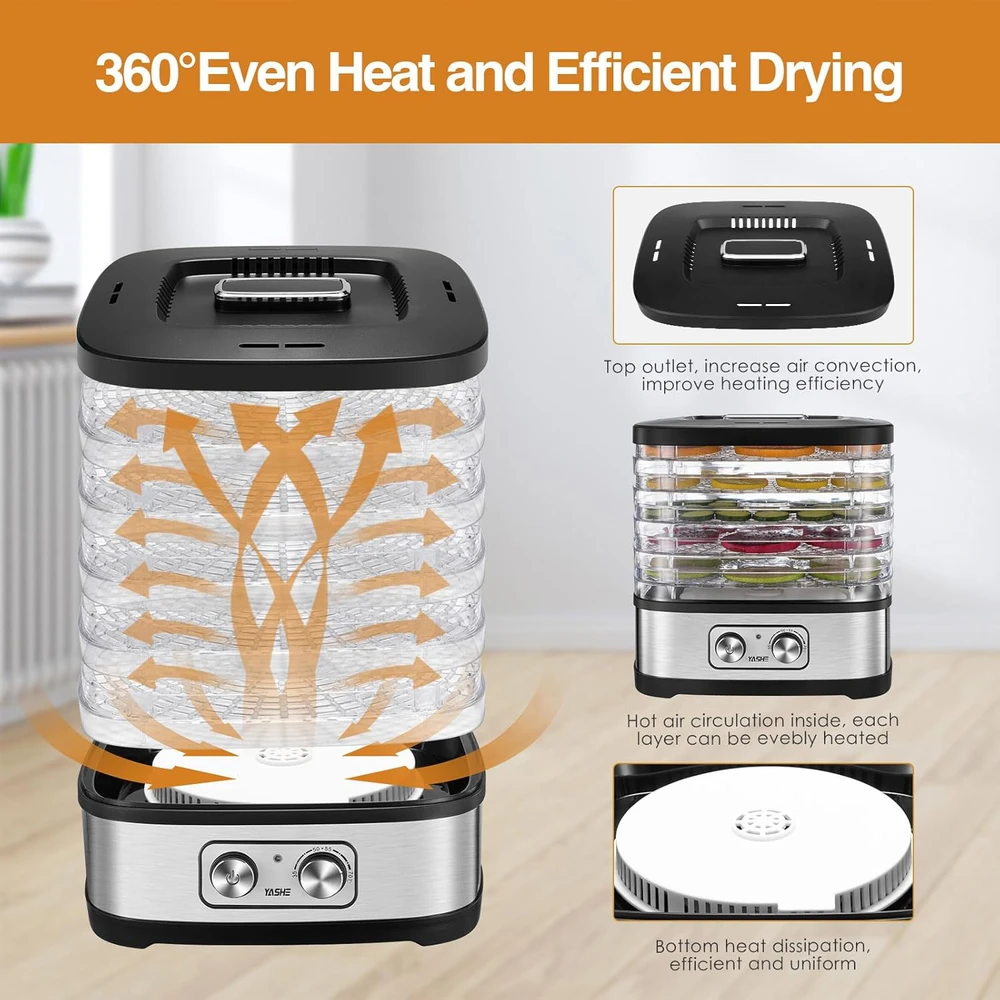 YASHE maisto džiovyklė su 5 reguliuojamo aukščio padėklais, 240 W, 35–70 °C, GGJ-261A