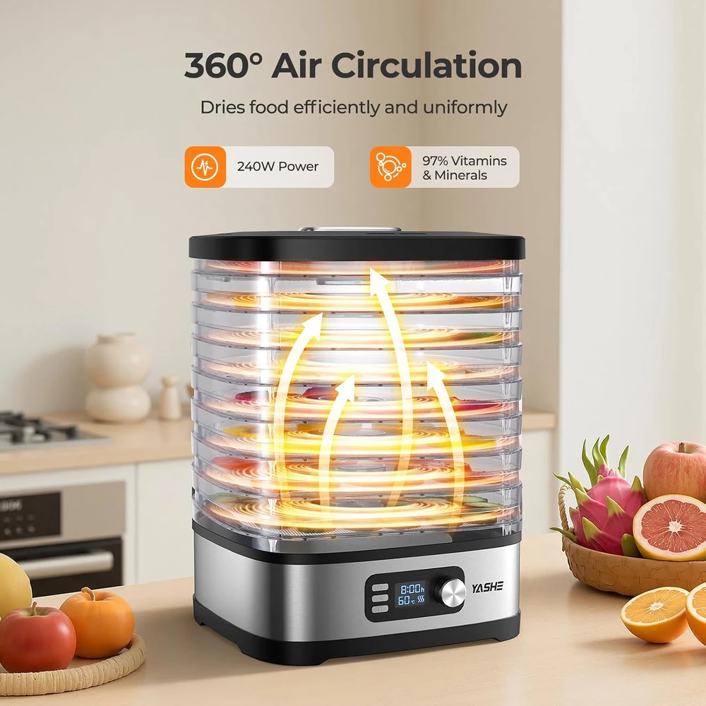 YASHE maisto džiovyklė su 8 padėklais, 240 W, skaitmeniniu valdymu GGJ-261C