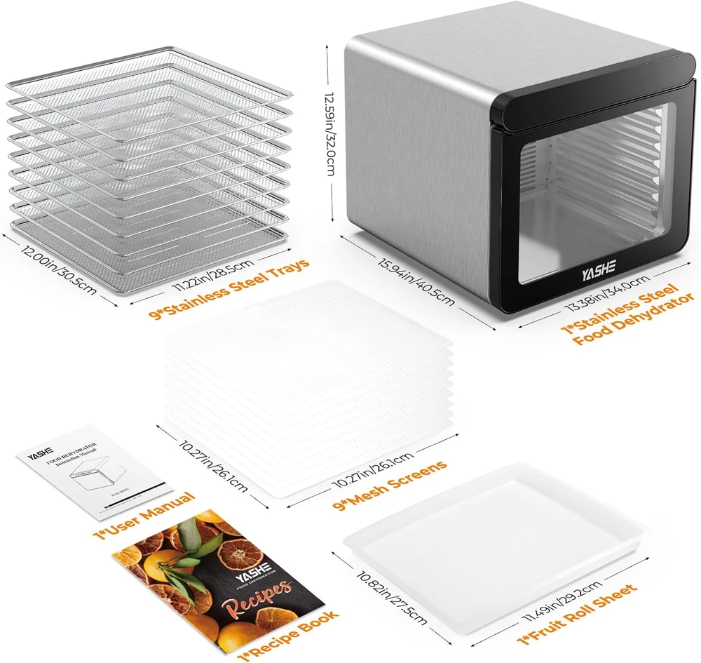 YASHE maisto džiovyklė su nerūdijančio plieno korpusu, 9 padėklai, skaitmeninis valdymas, 800 W, M21012