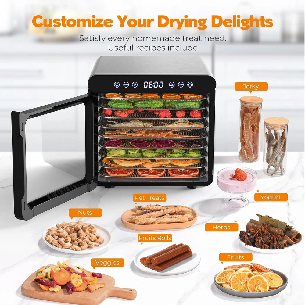 YASHE maisto džiovyklė su nerūdijančio plieno korpusu, 9 padėklai, skaitmeninis valdymas, 800 W, M21012