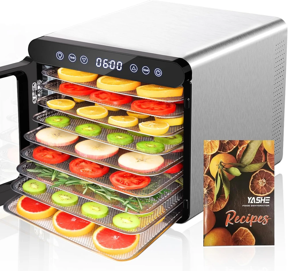 YASHE maisto džiovyklė su nerūdijančio plieno korpusu, 9 padėklai, skaitmeninis valdymas, 800 W, M21012