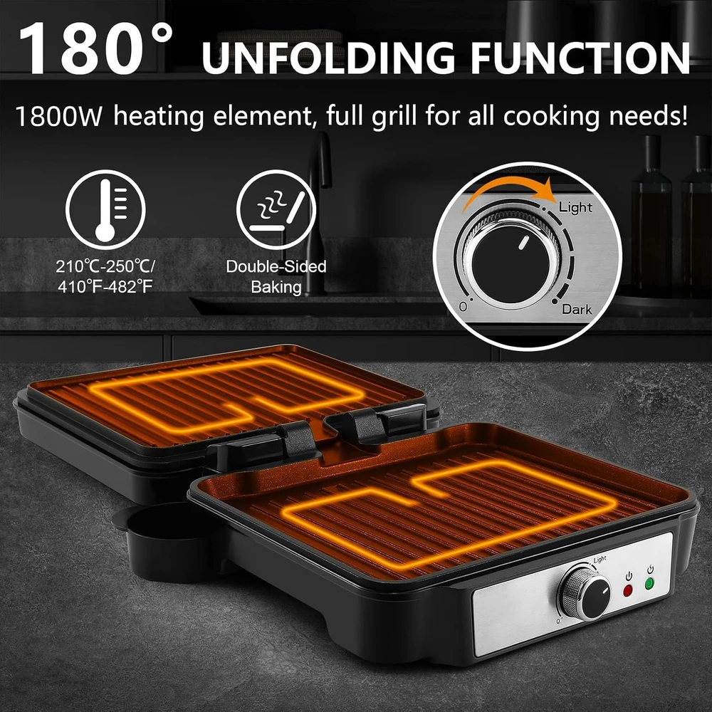 YASHE Panini kontaktinis grilis 1800 W, 210–250 °C, atidaromas 180°, SW-3018