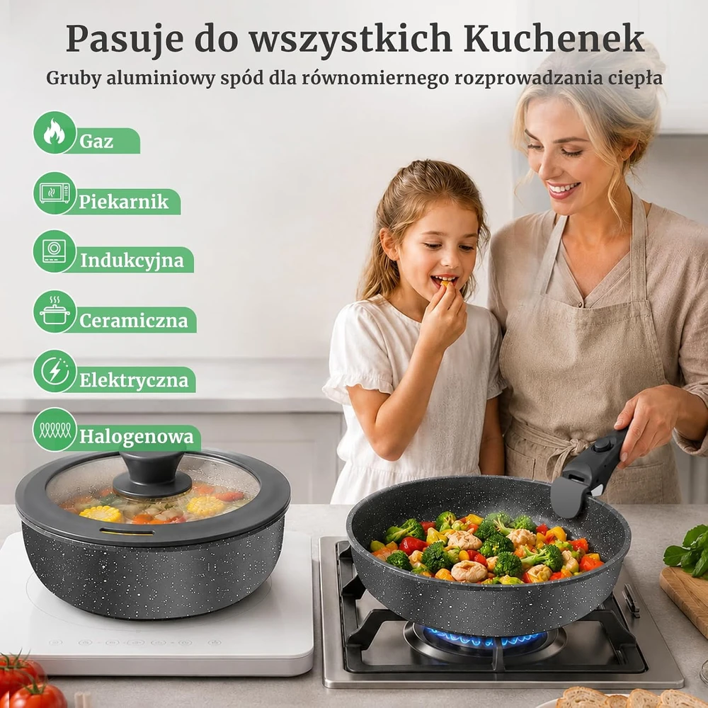 YASHE puodų ir keptuvių rinkinys, 21 dalių, indukcijai, su nuimamomis rankenomis BZD-DC02GG