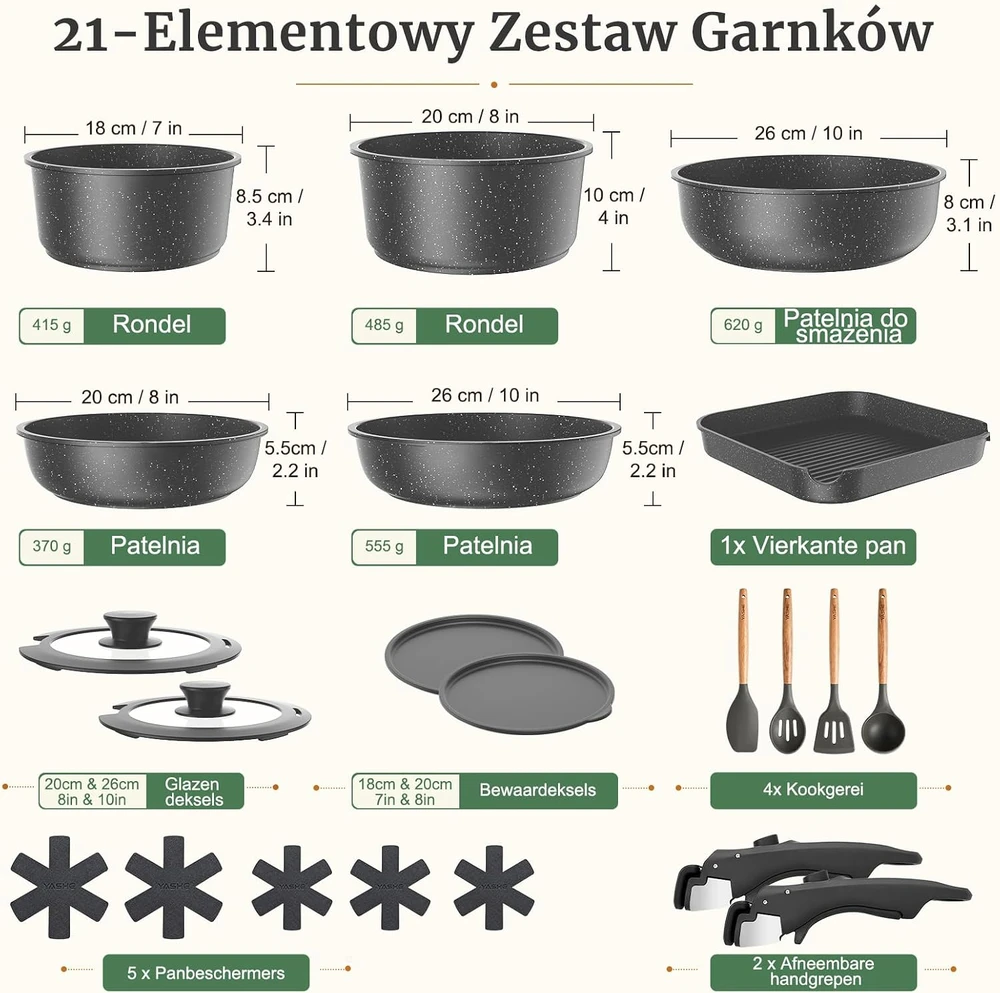 YASHE puodų ir keptuvių rinkinys, 21 dalių, indukcijai, su nuimamomis rankenomis BZD-DC02GG