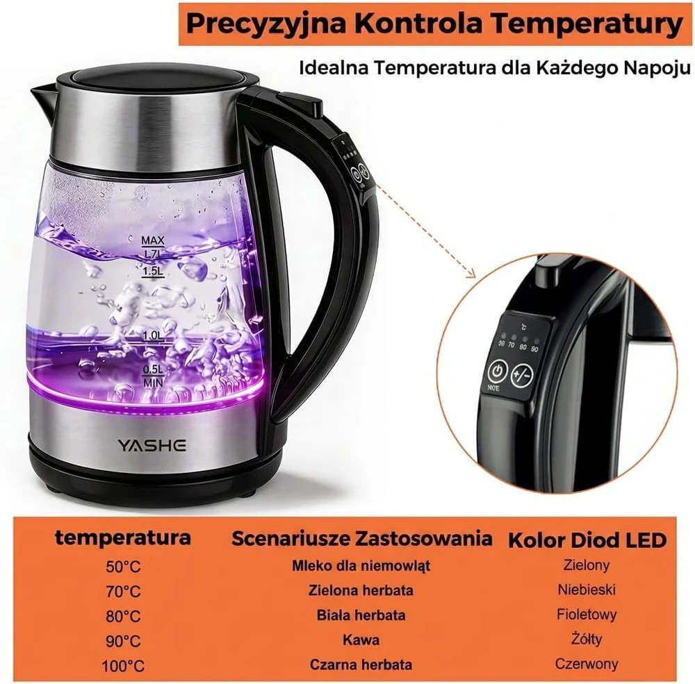 YASHE stiklinis elektrinis virdulys 1,7 l 2200 W su temperatūros reguliavimu FK-1805-1-E