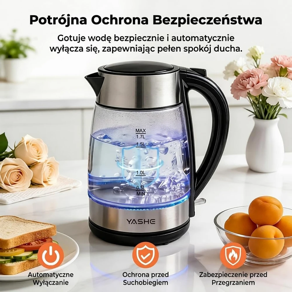 YASHE stiklinis elektrinis virdulys 1,7 l, 2200 W su LED apšvietimu FK-1805-1
