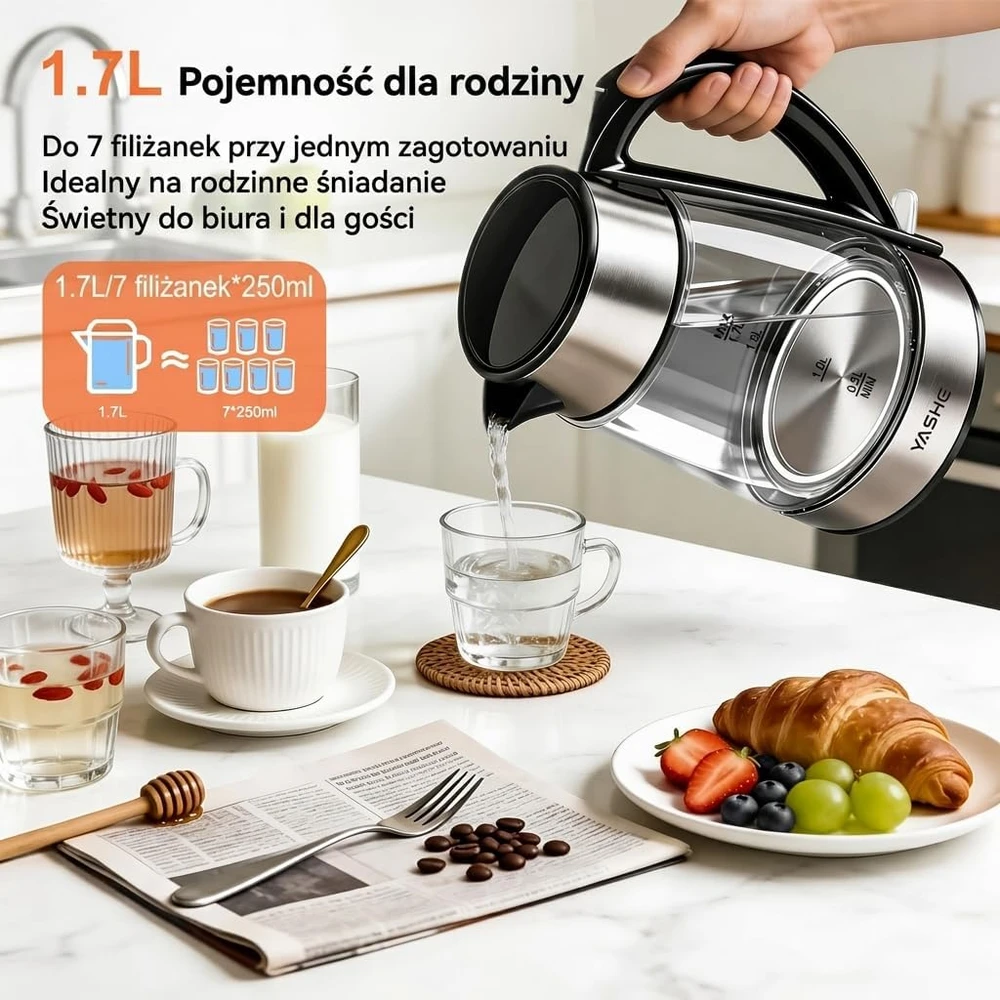 YASHE stiklinis elektrinis virdulys 1,7 l, 2200 W su LED apšvietimu FK-1805-1