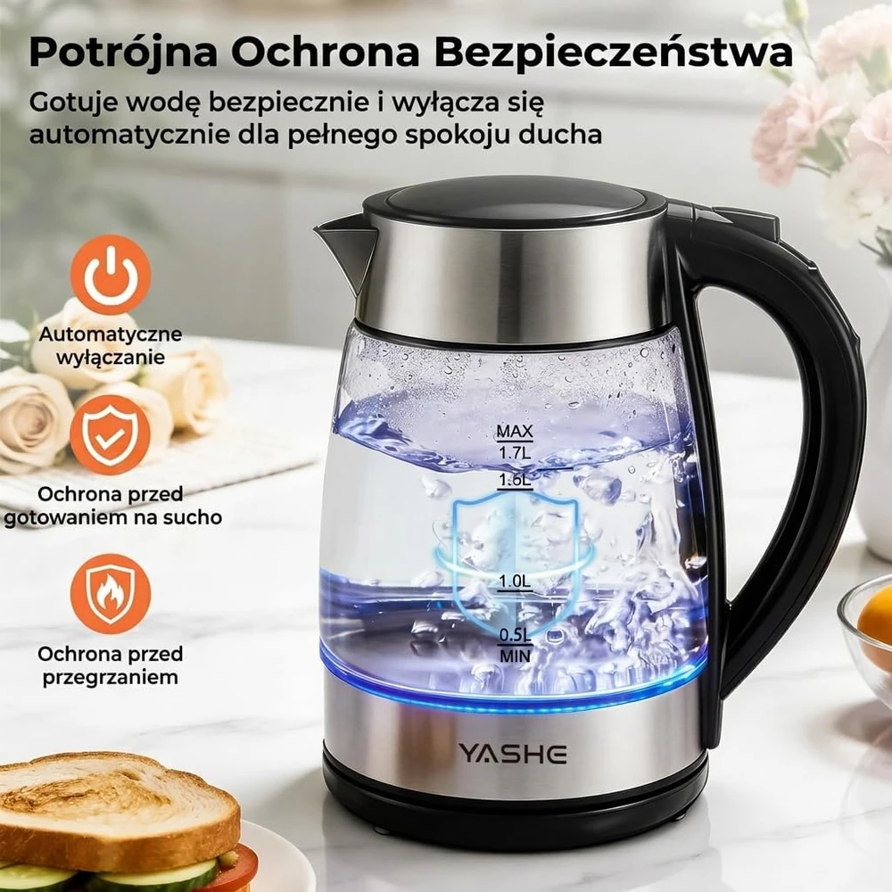 YASHE stiklinis elektrinis virdulys 1,7 l 2200 W su temperatūros reguliavimu FK-1805-1-E