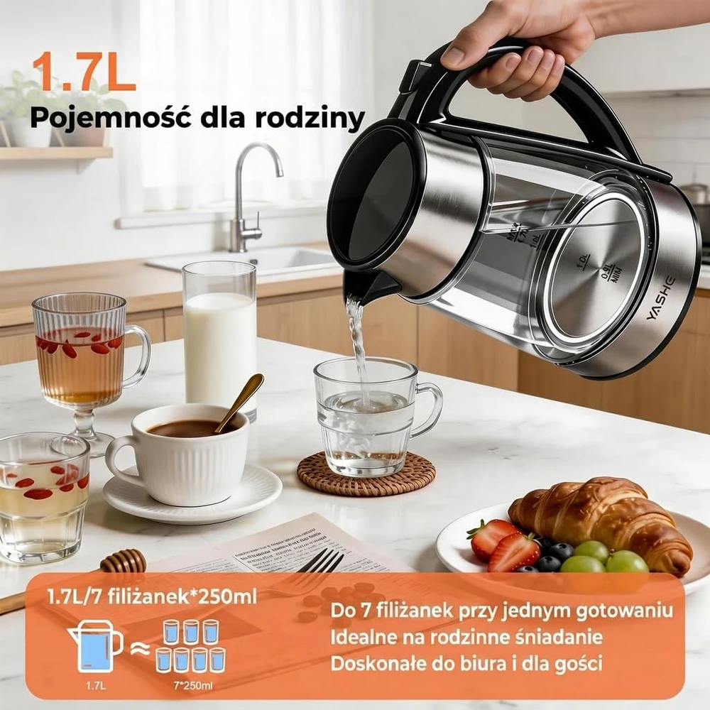 YASHE stiklinis elektrinis virdulys 1,7 l 2200 W su temperatūros reguliavimu FK-1805-1-E
