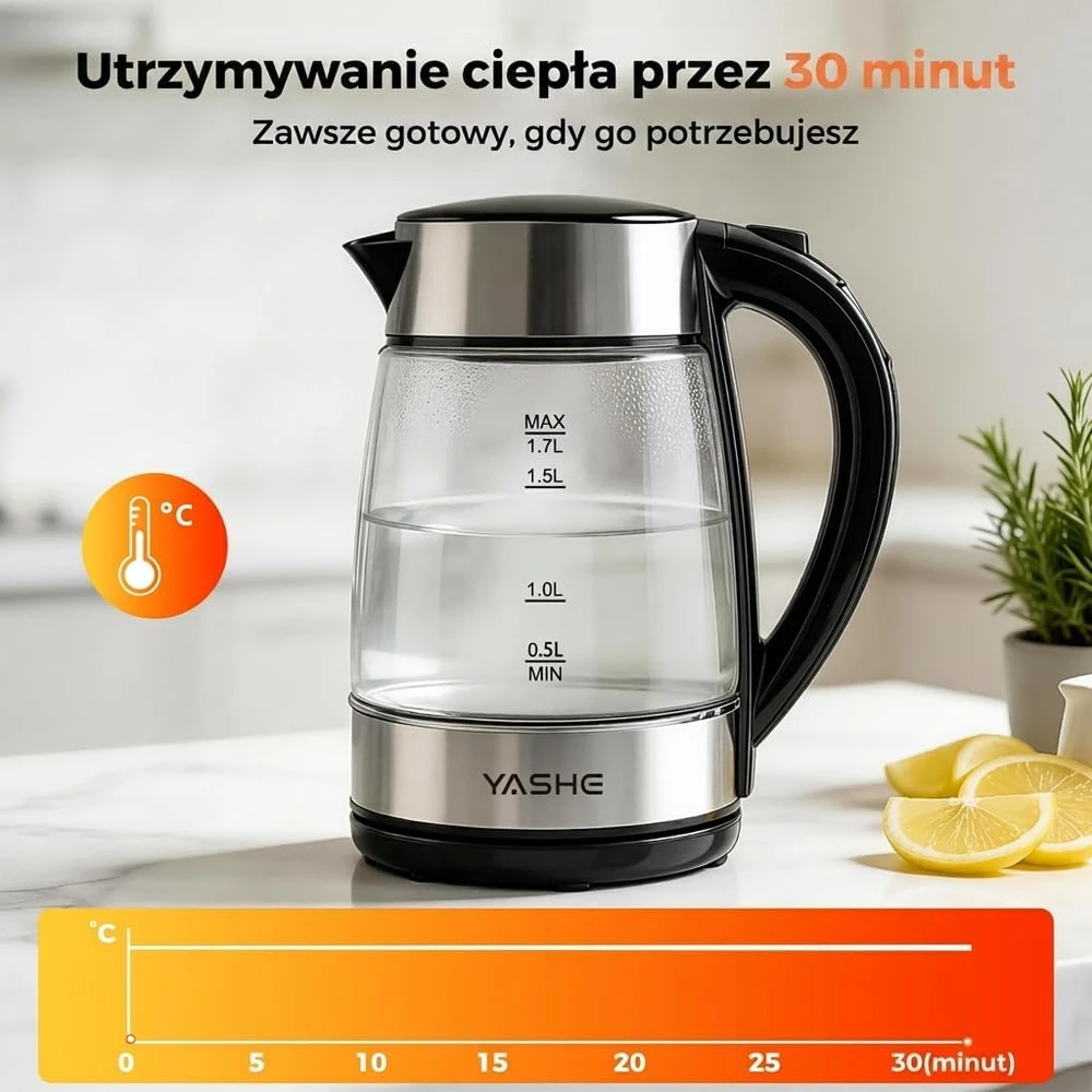 YASHE stiklinis elektrinis virdulys 1,7 l 2200 W su temperatūros reguliavimu FK-1805-1-E