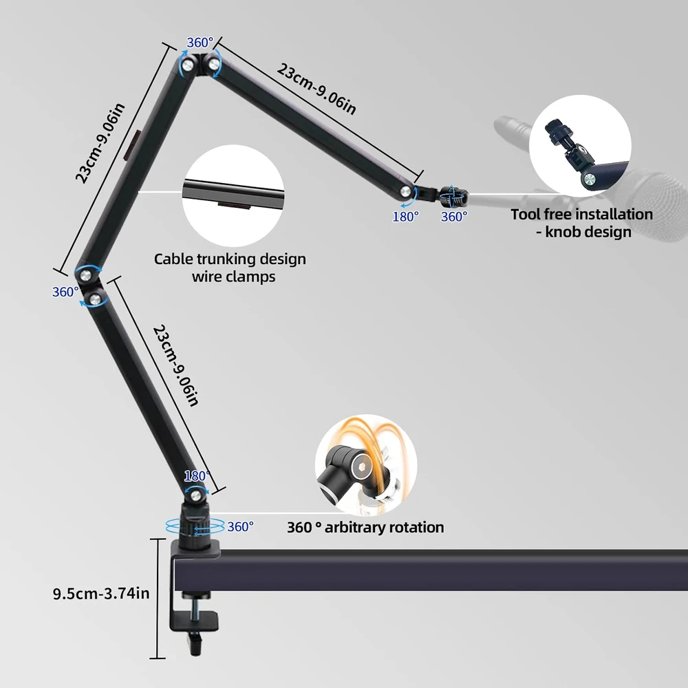 Yazoni žemo profilio mikrofono laikiklis su stalo spaustuku, pasukamas 360°, 3LB