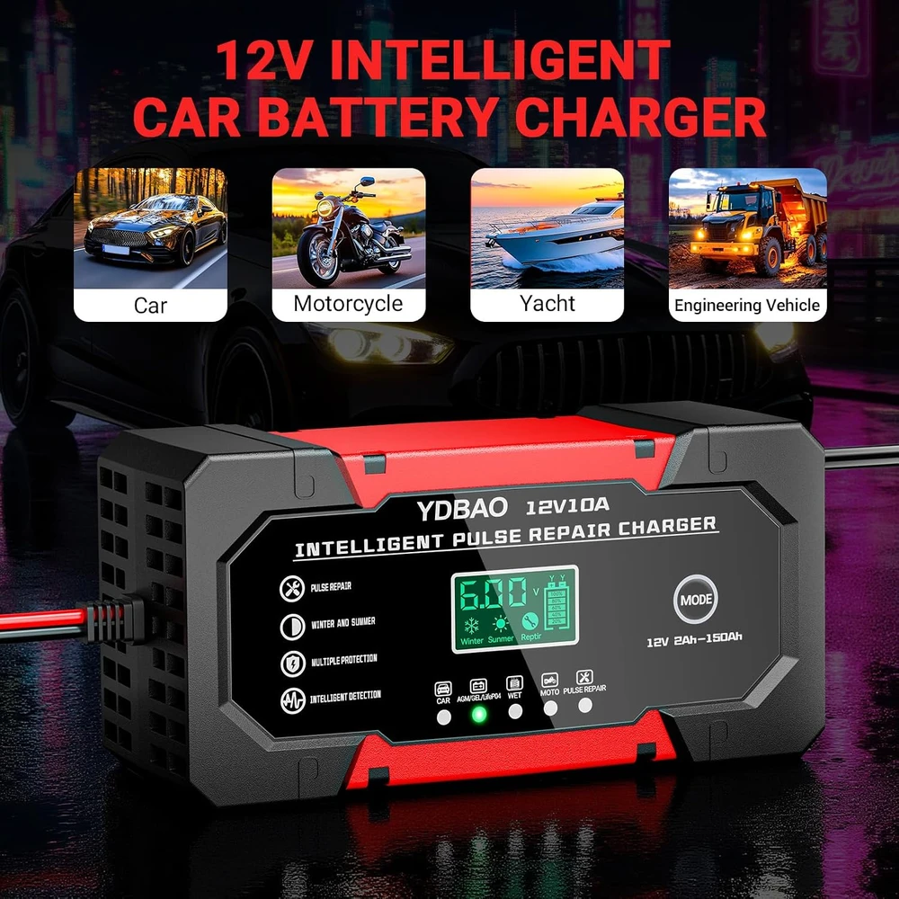 YDBAO automobilinis akumuliatorių įkroviklis 12 V 10 A LiFePO4 AGM GEL 9185