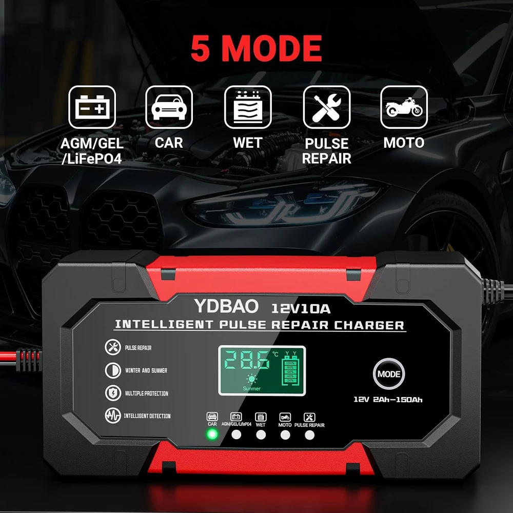 YDBAO automobilinis akumuliatorių įkroviklis 12 V 10 A LiFePO4 AGM GEL 9185