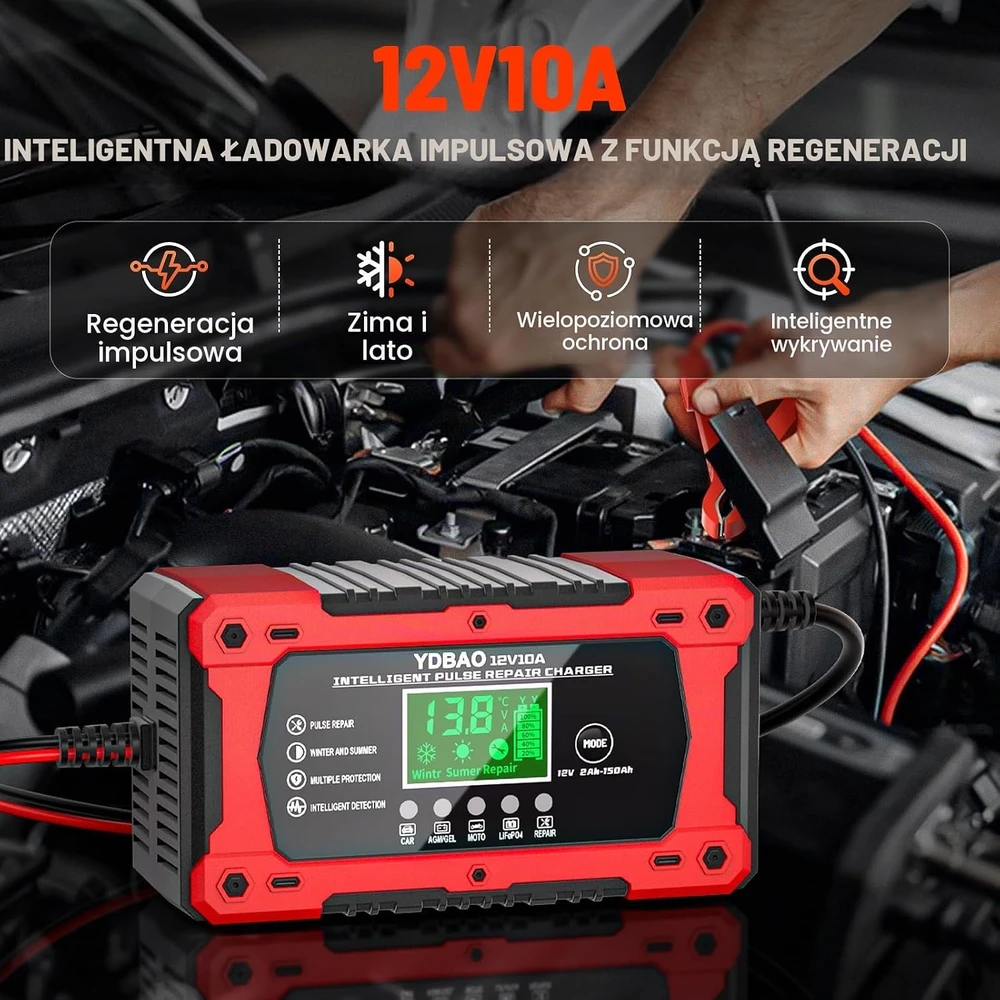 YDBAO automobilinių akumuliatorių įkroviklis 12 V 10 A LiFePO4 AGM GEL 9184