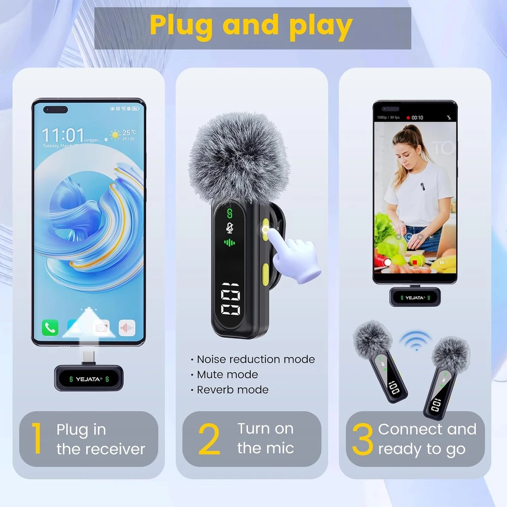 YEJATA belaidžiai lavalier mikrofonai su USB-C ir Lightning, skaitmeninis akumuliatoriaus įkrovos ekranas, 2 vnt., K3