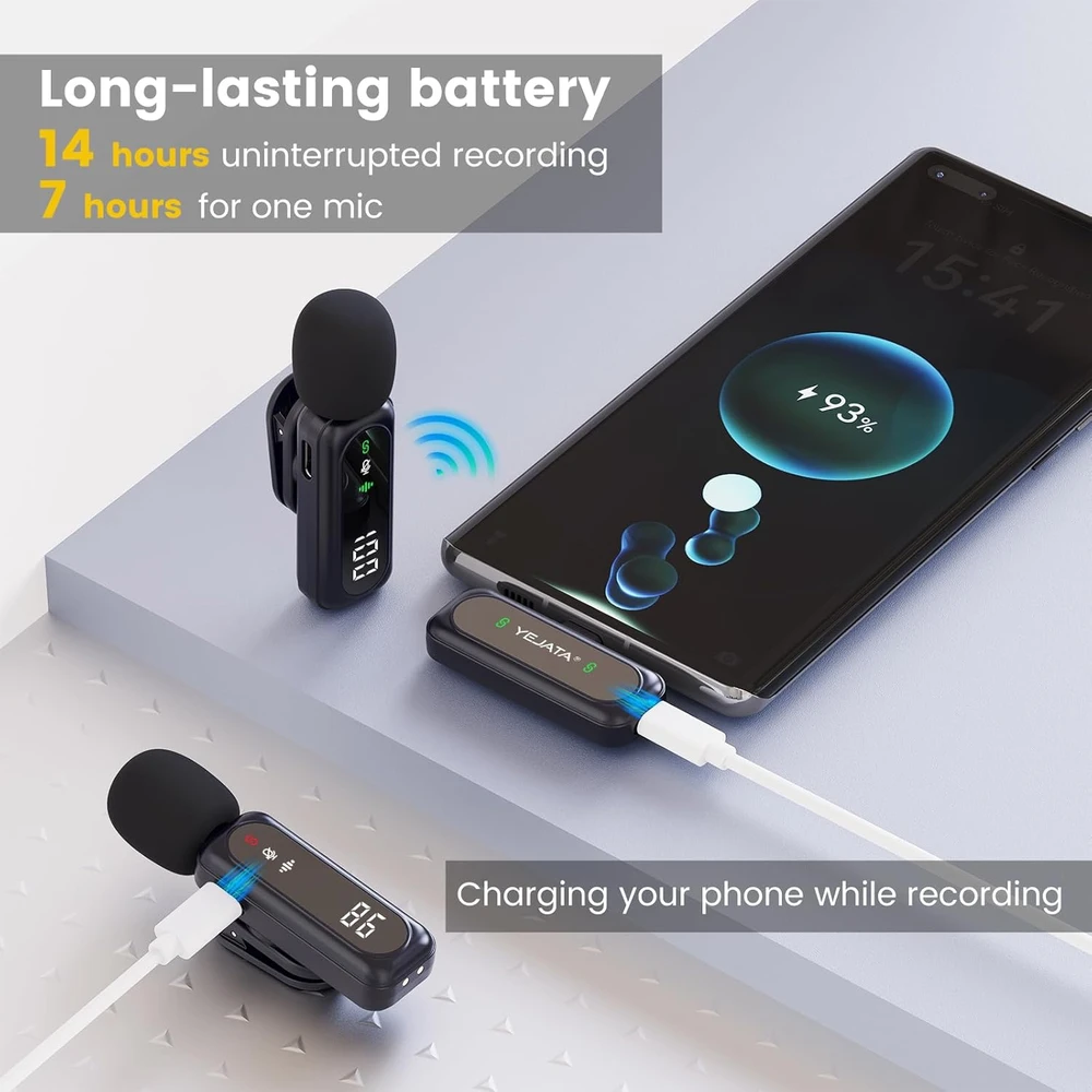 YEJATA belaidžiai lavalier mikrofonai su USB-C ir Lightning, skaitmeninis akumuliatoriaus įkrovos ekranas, 2 vnt., K3
