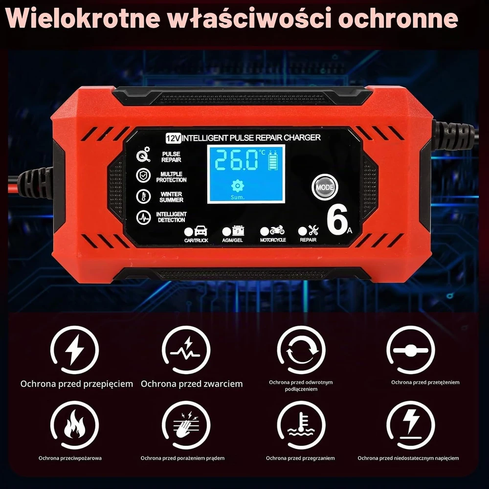 YIIFELL akumuliatorių įkroviklis 12 V 6 A su LCD ekranu