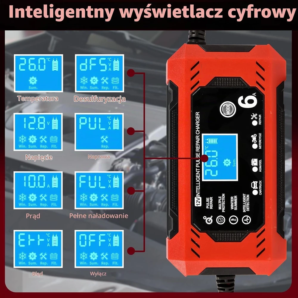 YIIFELL akumuliatorių įkroviklis 12 V 6 A su LCD ekranu