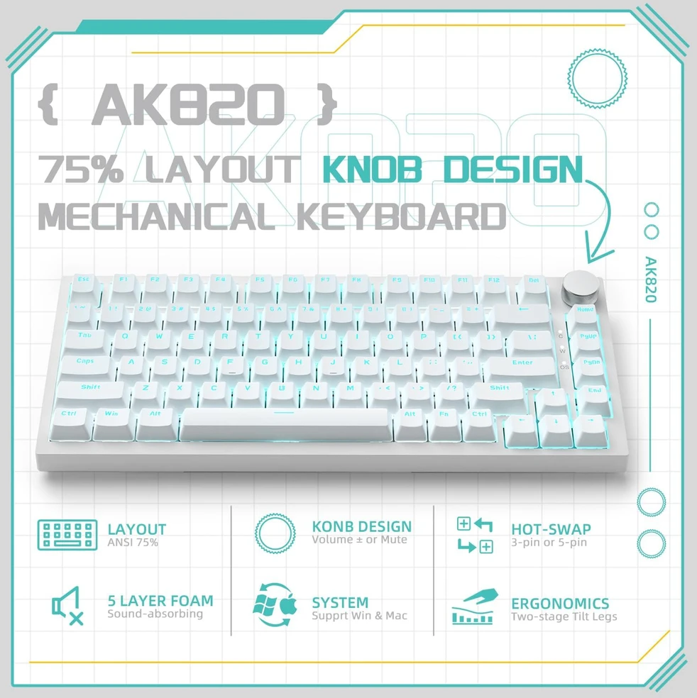 YINDIAO AK820 laidinė 75 % mechaninė žaidimų klaviatūra, USB-C, mėlyni jungikliai