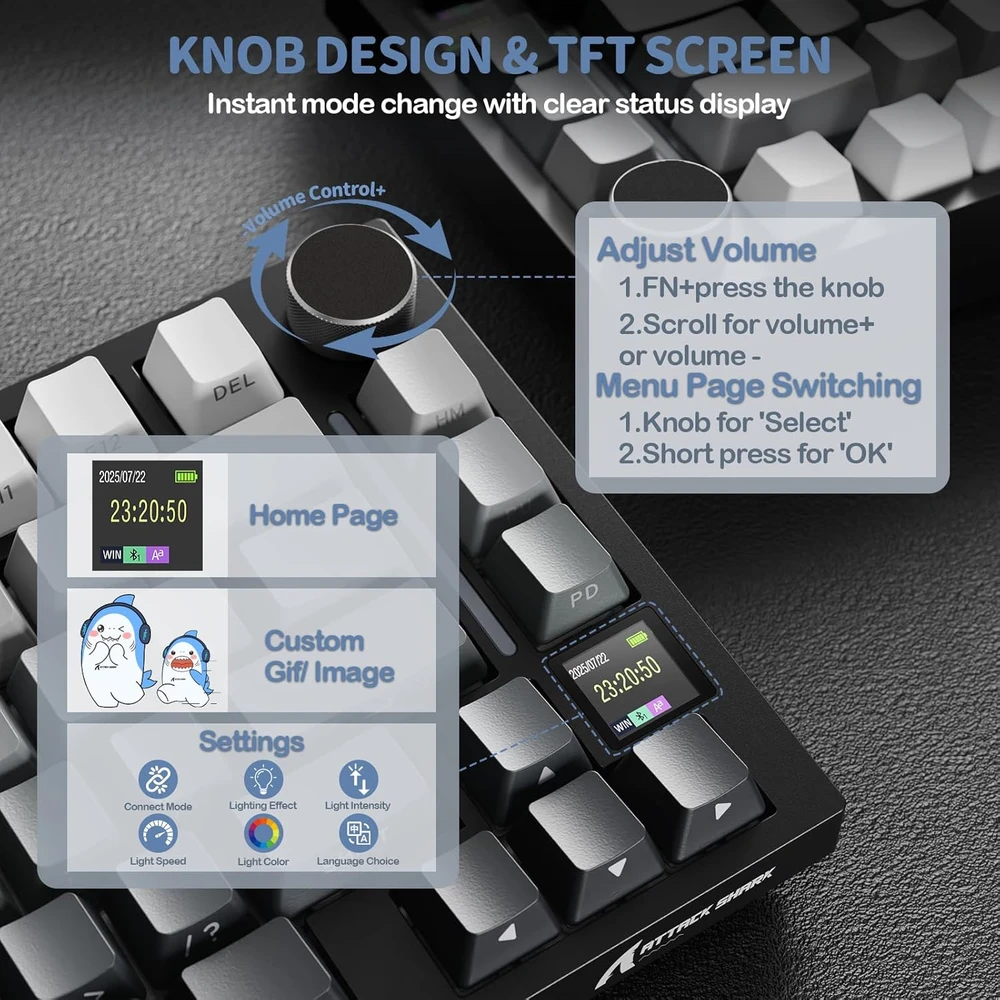 YINDIAO mechaninė klaviatūra su TFT ekranu, 75% ANSI, laidinė ir belaidė, RGB, X820 Ultra