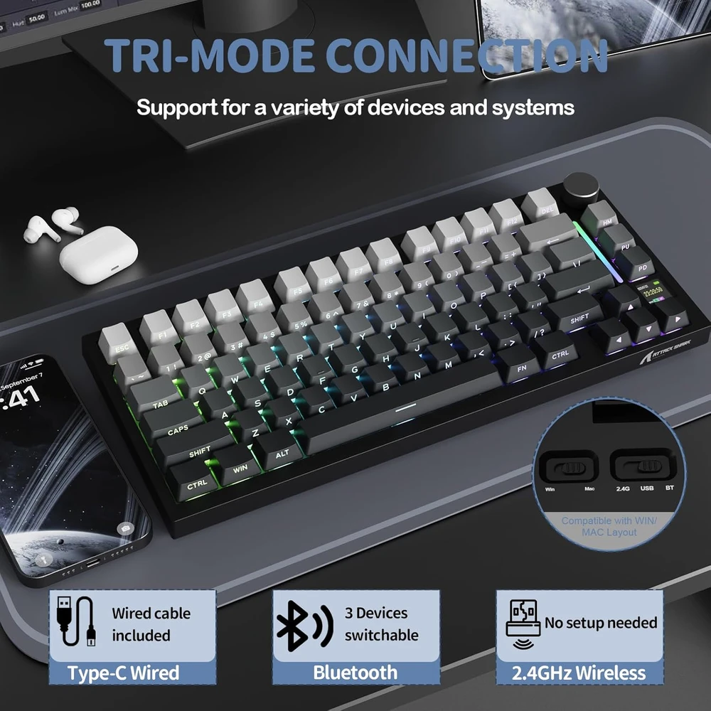 YINDIAO mechaninė klaviatūra su TFT ekranu, 75% ANSI, laidinė ir belaidė, RGB, X820 Ultra