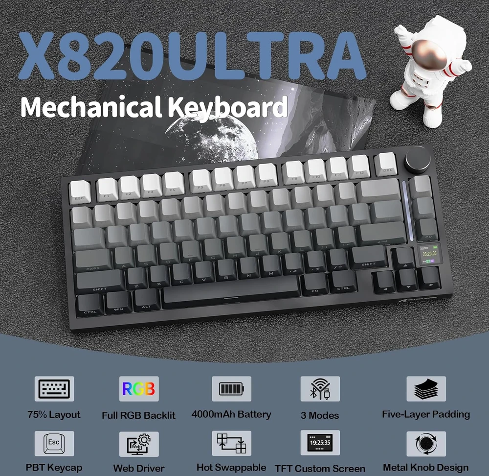 YINDIAO mechaninė klaviatūra su TFT ekranu, 75% ANSI, laidinė ir belaidė, RGB, X820 Ultra