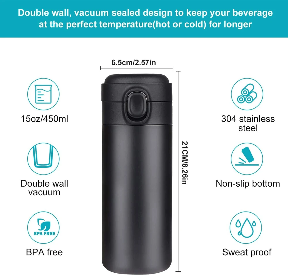 YINJAM kelioninis termopuodelis 450 ml iš nerūdijančiojo plieno, juodas KITCHEN-363