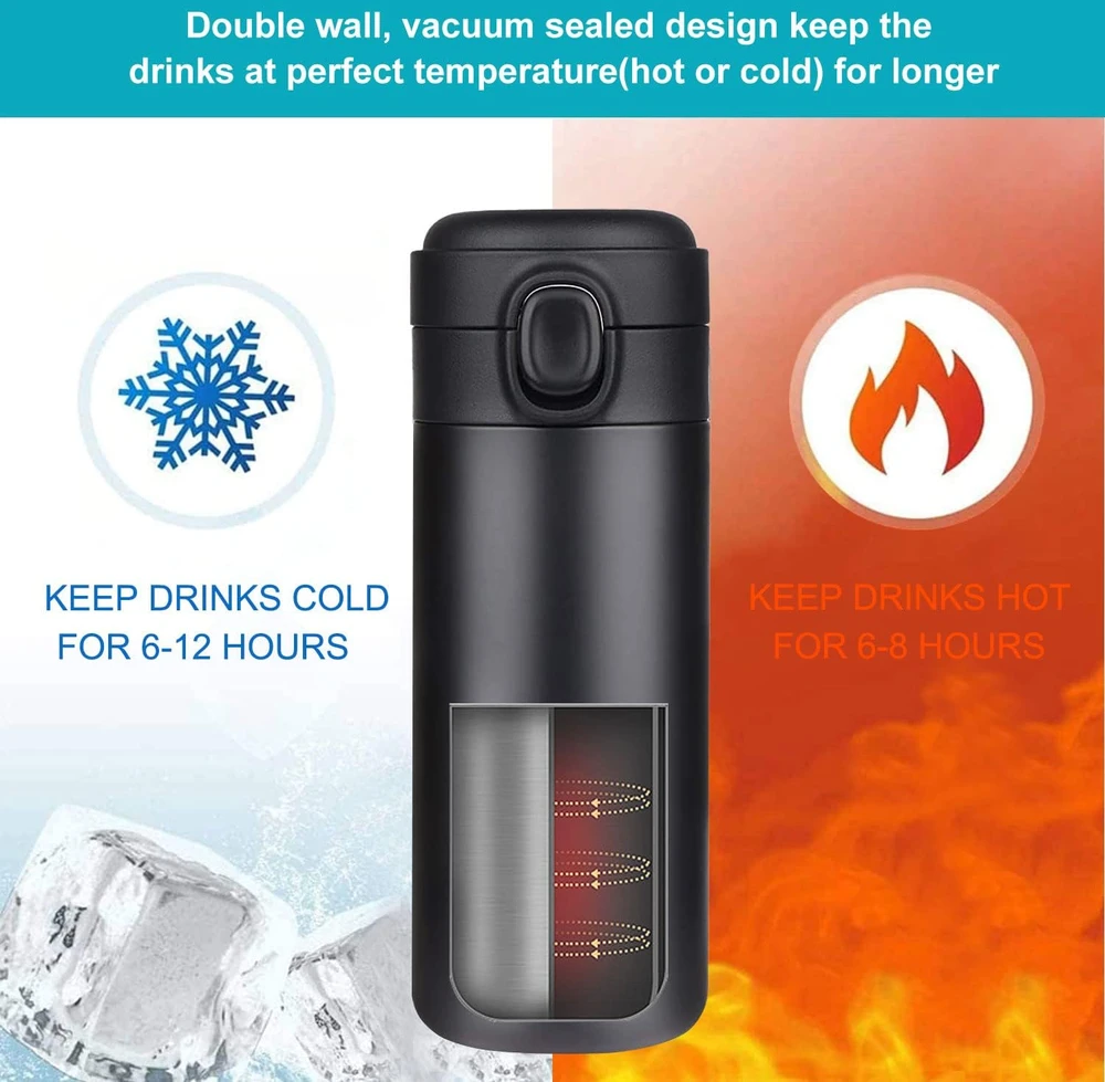 YINJAM kelioninis termopuodelis 450 ml iš nerūdijančiojo plieno, juodas KITCHEN-363